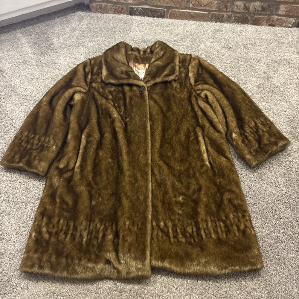 Vintage Scandinavian Faux Fur Coat ~ Brown Button Long Trench Coact Jacket